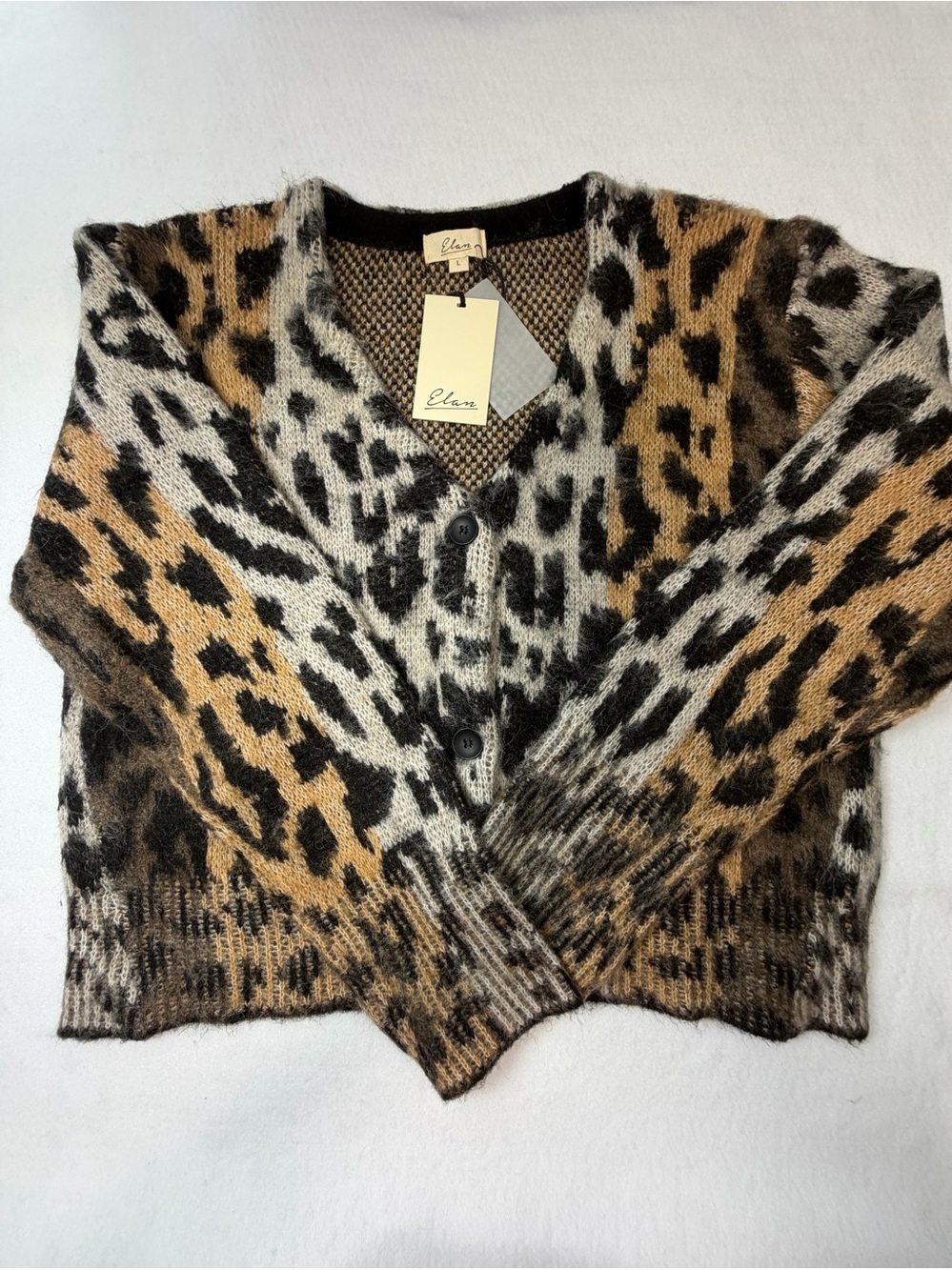 Large Elan Leopard Print V-Neck cropped Cardigan Sweater Brown/Black/Cream